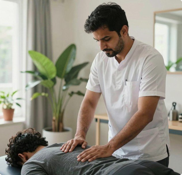Male physiotherapist giving hands-on back treatment to a male patient