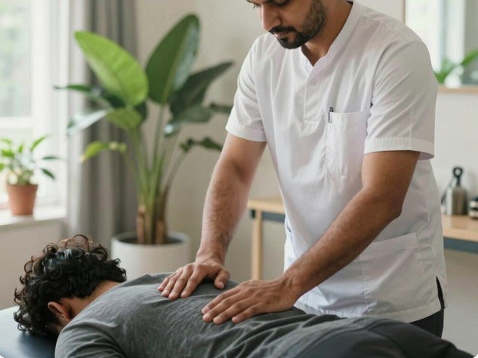 Physiotherapist treating a patient at home in Karachi